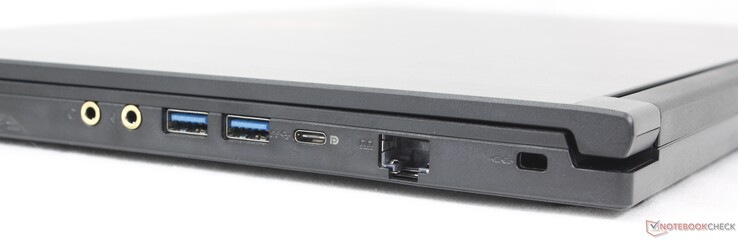 Rechts: 3,5-mm-Headset, 3,5-mm-Mikrofon, 2x USB-A 3.2 Gen. 1, USB-C 3.2 Gen. 1 mit DisplayPort, RJ-45 (1 Gbps), Kensington Lock