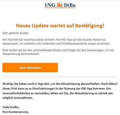 ING-Kunden sind aktuell von Phishing-Mails betroffen (Quelle: Verbraucherzentrale).