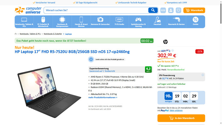 HP 17-cp2460ng im Angebot für 302 Euro.