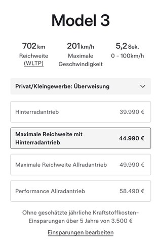 Aktuelle Preise des Tesla Model 3