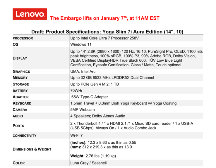 Lenovo Yoga Slim 7i Aura Edition - Datenblatt