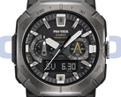 Die Casio Pro Trek PRW-B1000-1 (Abbildung) besitzt eine dunkelgraue Edelstahl-Lünette und ein schwarzes Zifferblatt mit silberfarbenen Akzenten. (Bildquelle: Casio – bearbeitet)