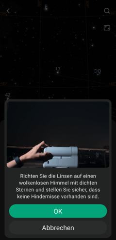 Bevor das Teleskop selbstständig kalibriert, gibt es klare Anweisungen in der App (Bildquelle: Screenshot Marc Zander / Notebookcheck)