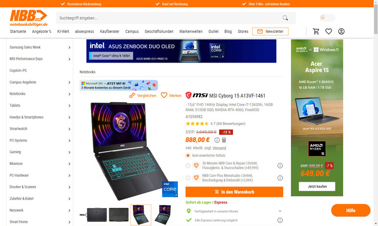 MSI Cyborg 15 A13VF (ohne Windows) für 888 Euro.