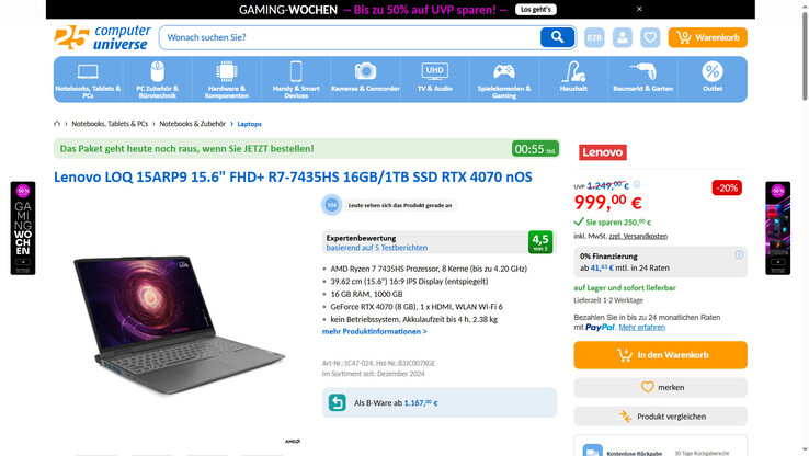 Lenovo LOQ 15ARP9 für 999 Euro.