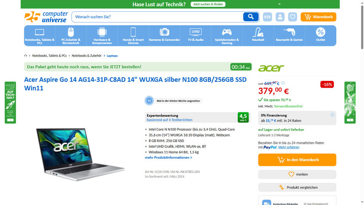 Acer Aspire Go 14 AG14-31P-C8AD im Angebot für 379 Euro.