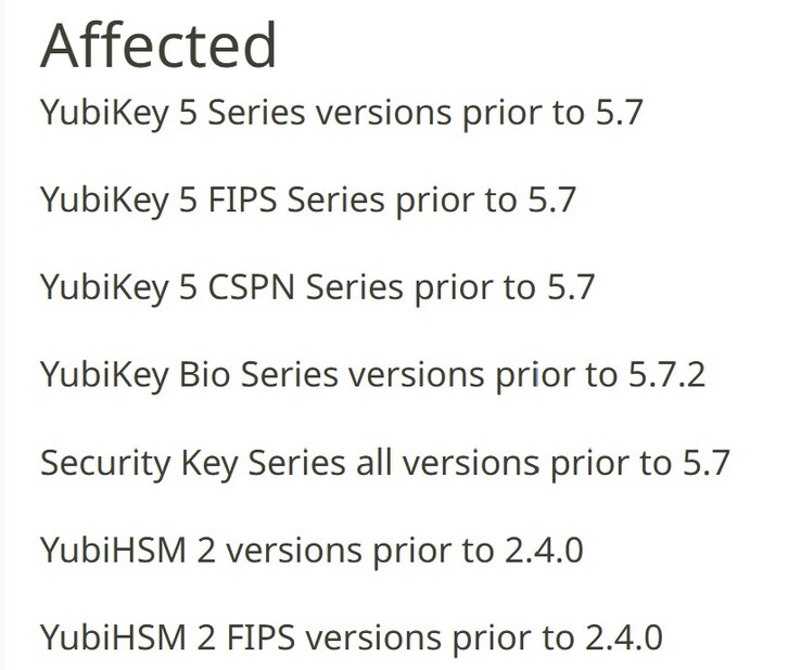 Die aufgelisteten Geräte sind anfällig für die Sicherheitslücke und sollten ersetzt werden. (Bildquelle: Yubico)