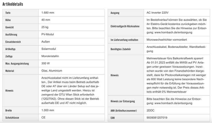 Technische Daten (Bildquelle: Hornbach)