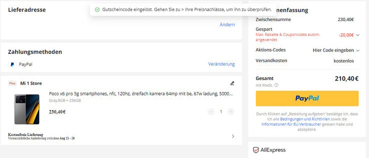 Der Gutscheincode 8DE20 muss eingegeben werden (Bildquelle: Eigene, Screenshot)