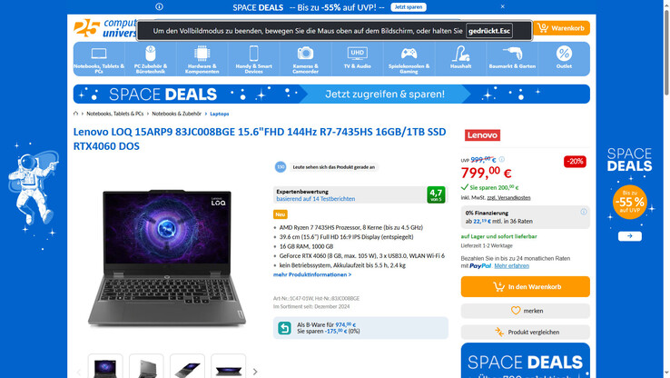Lenovo LOQ 15ARP9 für 799 Euro.