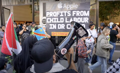 Apple iPhone 16: Zum Launch kam es weltweit zu Protesten, in London wurde auf Menschenrechtsverletzungen im Kongo und in Gaza aufmerksam gemacht (Bildquelle: Youtube / Oinat)