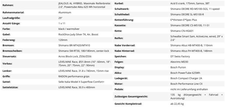 Die komplette Ausstattung des Radon Jealous Hybrid 8.0 625 E-MTB auf einen Blick (Bildquelle: Bike-Discount)