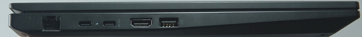 Anschlüsse links: LAN-Port (1 Gbit/s), USB-C (10 Gbit/s, PD, DP), USB-C (40 Gbit/s, PD, DP), HDMI, USB-A (10 Gbit/s)