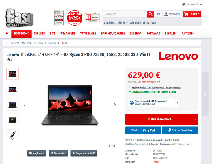Das Lenovo ThinkPad L14 G4 im Angebot für 629 Euro.