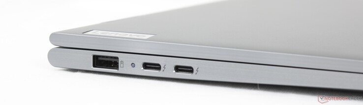 Links: USB-A 3.2 Gen 1 (5 Gbit/s, immer eingeschaltet), 2x USB-C 4.0 mit Thunderbolt 4 (40 Gbit/s, DisplayPort 2.1, Power Delivery 3.0)