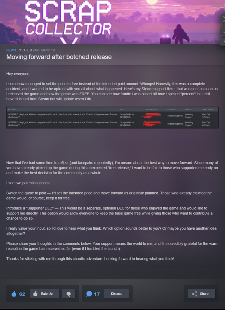 Die Stellungnahme des Entwicklers, veröffentlicht am 10. März (Bildquelle: Steam-Community)