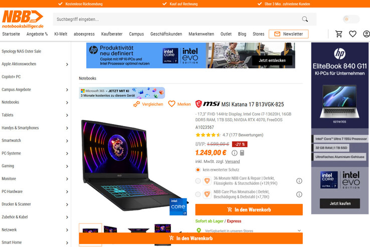 MSI Katana 17 B13VGK-825 für 1.249 Euro.