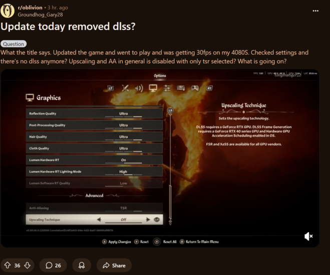 Reddit-Post zu fehlendem DLSS in The Elder Scrolls IV: Oblivion Remastered (Bildquelle: Screenshot aus dem Oblivion-Subreddit)