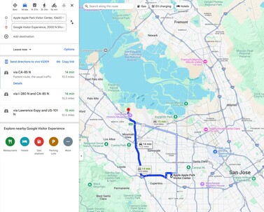 Mit dem Auto sind die 16 km zwischen Apple und Google in wenigen Minuten zu schaffen.