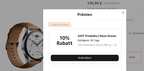 Auf der Produktseite der Watch S1 Pro wird Neukunden ein zusätzlicher Rabatt in Höhe von 10% angeboten (Bild: Xiaomi)