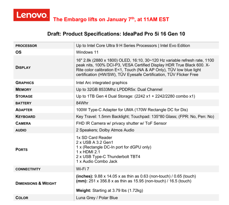 Lenovo IdeaPad Pro 5i 16 Gen 10 - Datenblatt