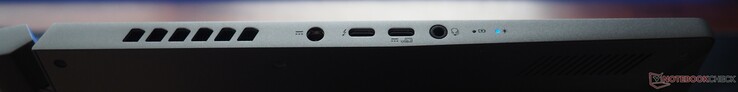 linke Seite: Energiezufuhr, USB-C 4 (inkl. DisplayPort 1.4 & PowerDelivery), USB-C 3.1 Gen 2, Audio