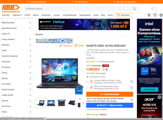 Gigabyte Aorus 16X 9SG für 1.399 Euro.
