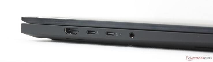 Links: HDMI 2.1, 2x USB-C Thunderbolt 5 mit DisplayPort 2.1 + Power Delivery 3.1, 3,5-mm-Kopfhörer