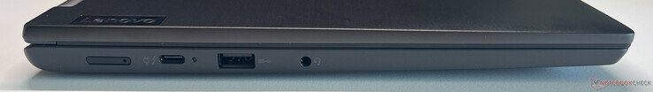 Links: SIM-Karten-Steckplatz, USB-C 4.0 mit Thunderbolt 4 (40 Gbit/s, DisplayPort-ALT-Modus 2.1, Power Delivery 3.0), USB-A 3.2 Gen.1 (5 Gbit/s), 3,5-mm-Audio