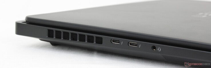 Links: 2x USB-C Thunderbolt 4 mit DisplayPort 2.1 + Power Delivery, 3,5-mm-Kopfhörer